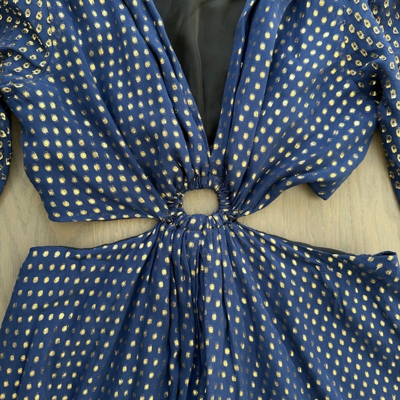 DELFI Collective Cerise Gown Blue Polka Dot Silk Metallic Gold Cut Out - Small - Picture 6 of 12